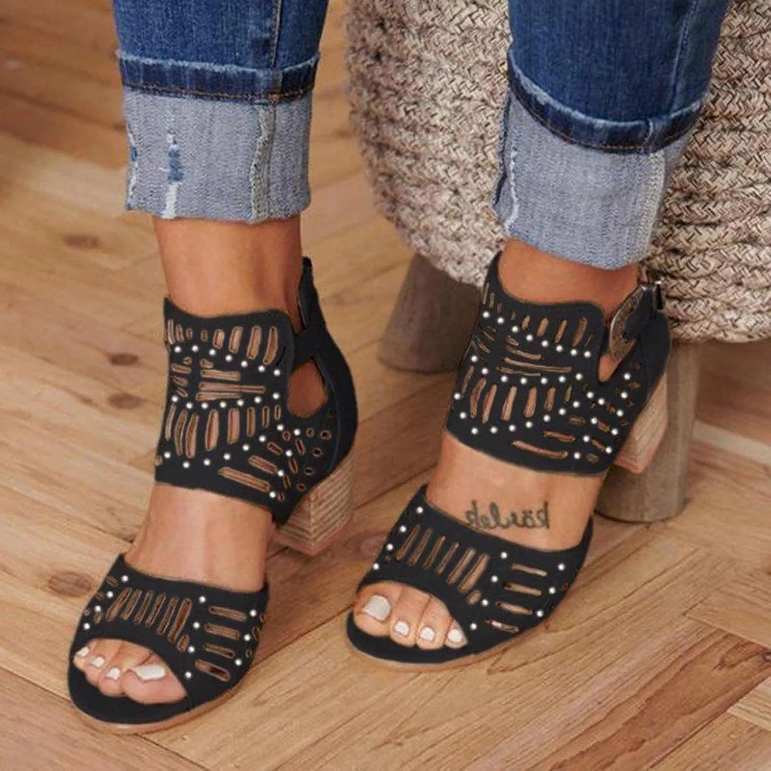 SuanlaTDS High Heels Pumps for Women, Women's Gladiator Block Heel Sandal Summer Fashion Hollow Open Toe Heeled Sandal Buckle Strap Zip Back Comfort Dress Retro Roman Shoes