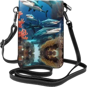 Submarine shark coral Prints Leather Crossbody Flap Phone Bag - Versatile Gift for Women Walking, Camping, Shopping, and Travel