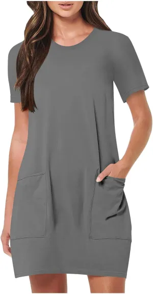 Summer Dresses for Women 2025 Classiac Fit Short Sleeve Midi Dress with Pockets Casual Loose Summer Beach Dresses