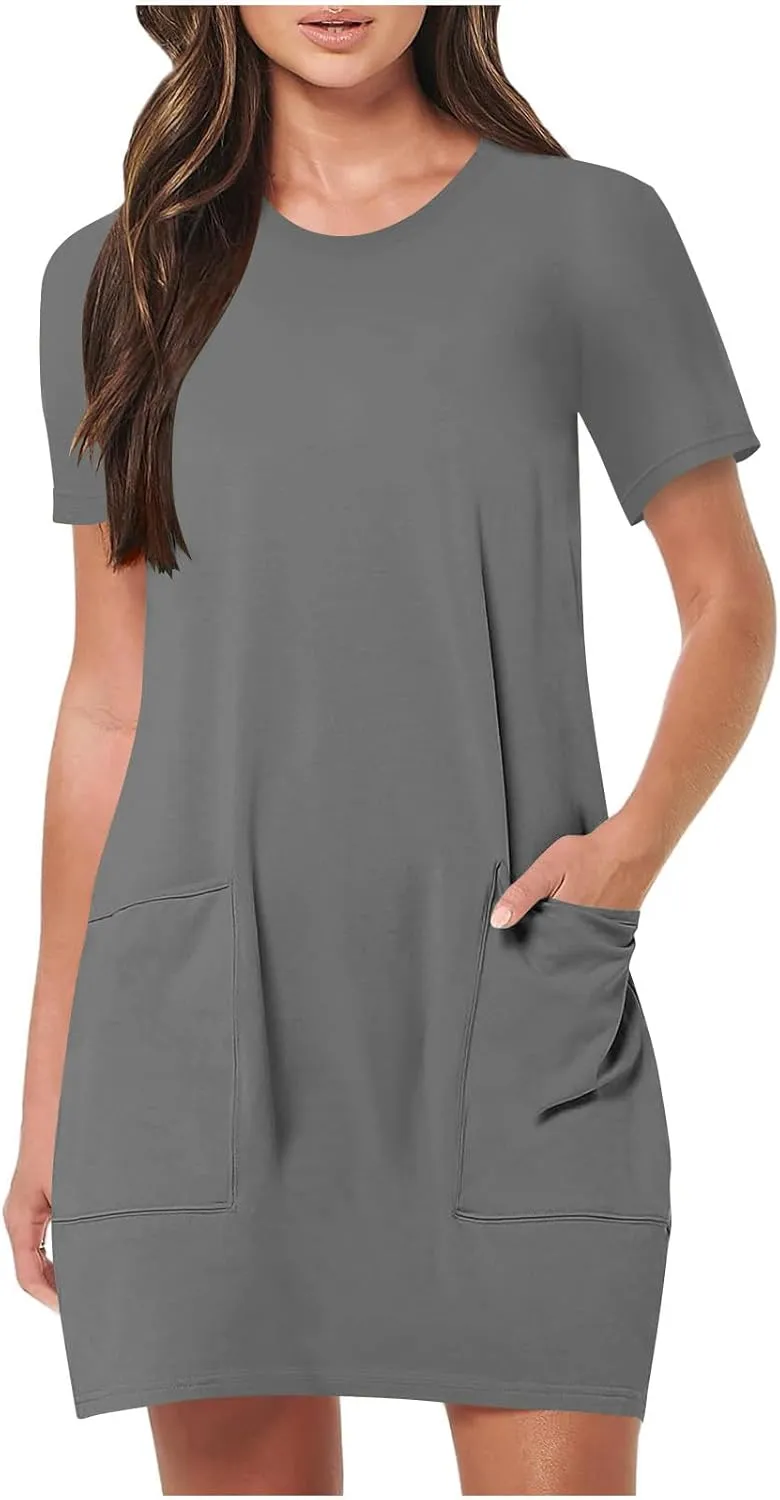 Summer Dresses for Women 2025 Classiac Fit Short Sleeve Midi Dress with Pockets Casual Loose Summer Beach Dresses