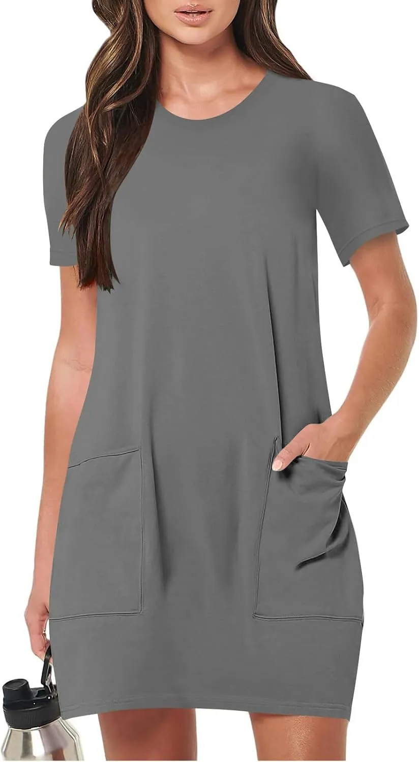 Summer Dresses for Women 2025 Classiac Fit Short Sleeve Midi Dress with Pockets Casual Loose Summer Beach Dresses