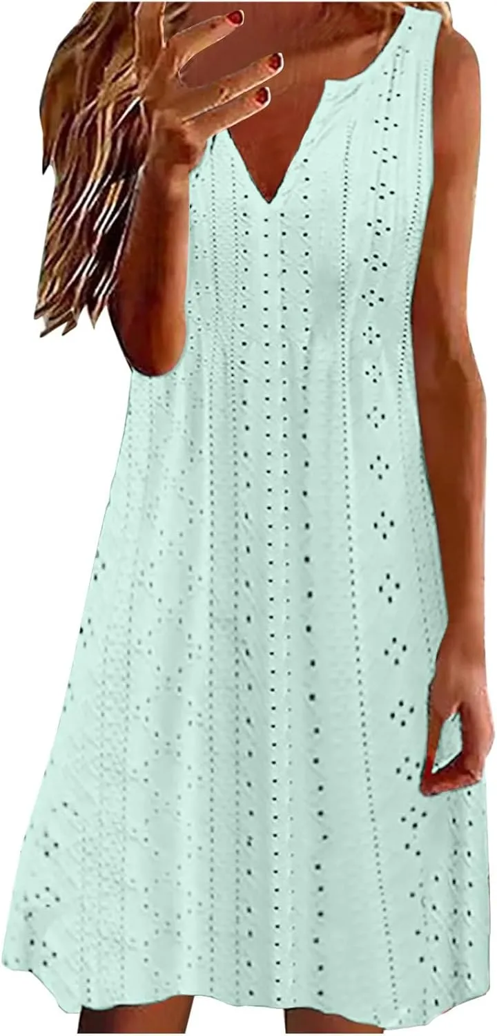 Summer Dresses for Women 2025 V Neck Sleeveless Tank Dresses Soft Eyelet Casual Loose Fitted Mini Sun Dresses