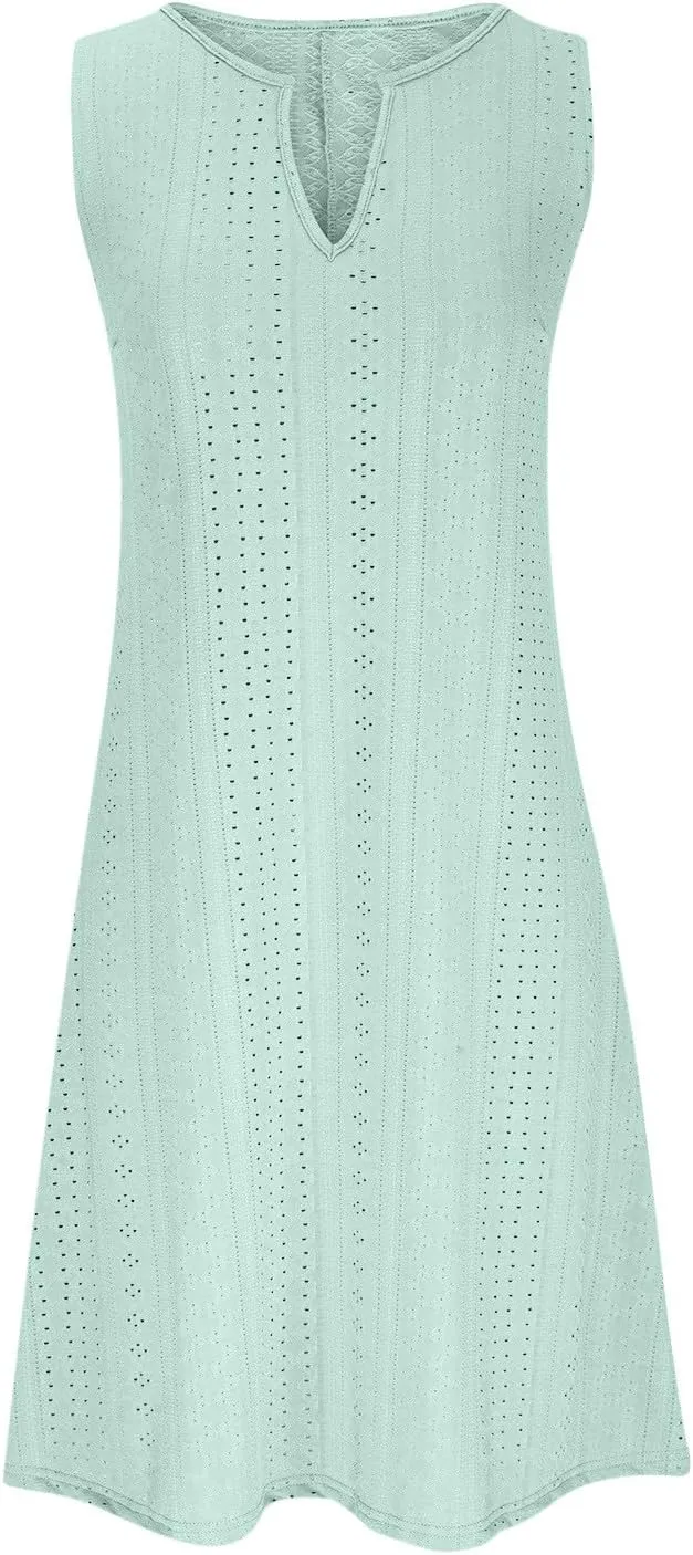 Summer Dresses for Women 2025 V Neck Sleeveless Tank Dresses Soft Eyelet Casual Loose Fitted Mini Sun Dresses