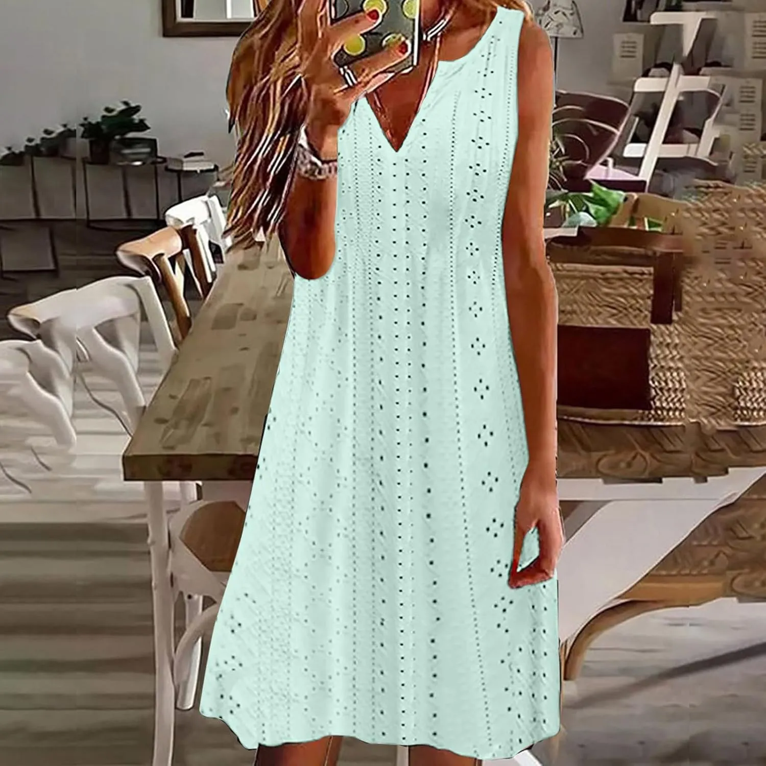 Summer Dresses for Women 2025 V Neck Sleeveless Tank Dresses Soft Eyelet Casual Loose Fitted Mini Sun Dresses