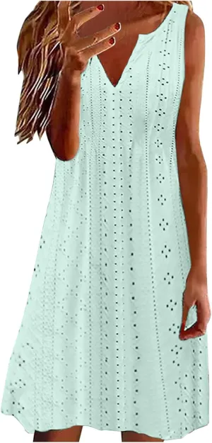 Summer Dresses for Women 2025 V Neck Sleeveless Tank Dresses Soft Eyelet Casual Loose Fitted Mini Sun Dresses