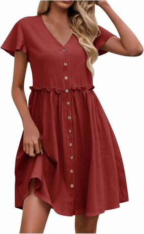 Summer Dresses for Women 2025 Casual V-Neck Ruffled Sleeve Sundress Spring Fashion Ruched Empire Waist Mini Dress
