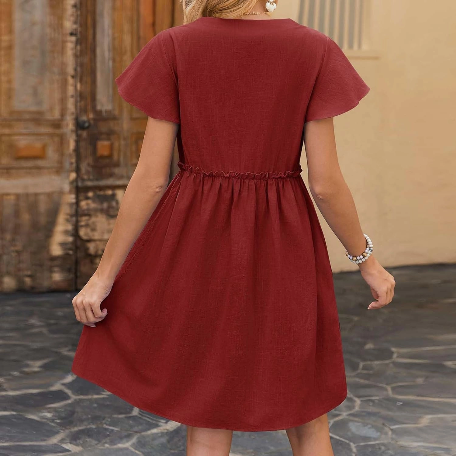 Summer Dresses for Women 2025 Casual V-Neck Ruffled Sleeve Sundress Spring Fashion Ruched Empire Waist Mini Dress