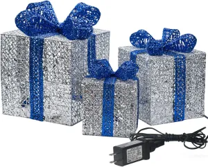 Sunnyglade 10”-8”-6” Set of 3 Christmas Lighted Gift Boxes with Plug for Christmas Decor, Weddings Yard Home Holiday Art Decorations (Silver)