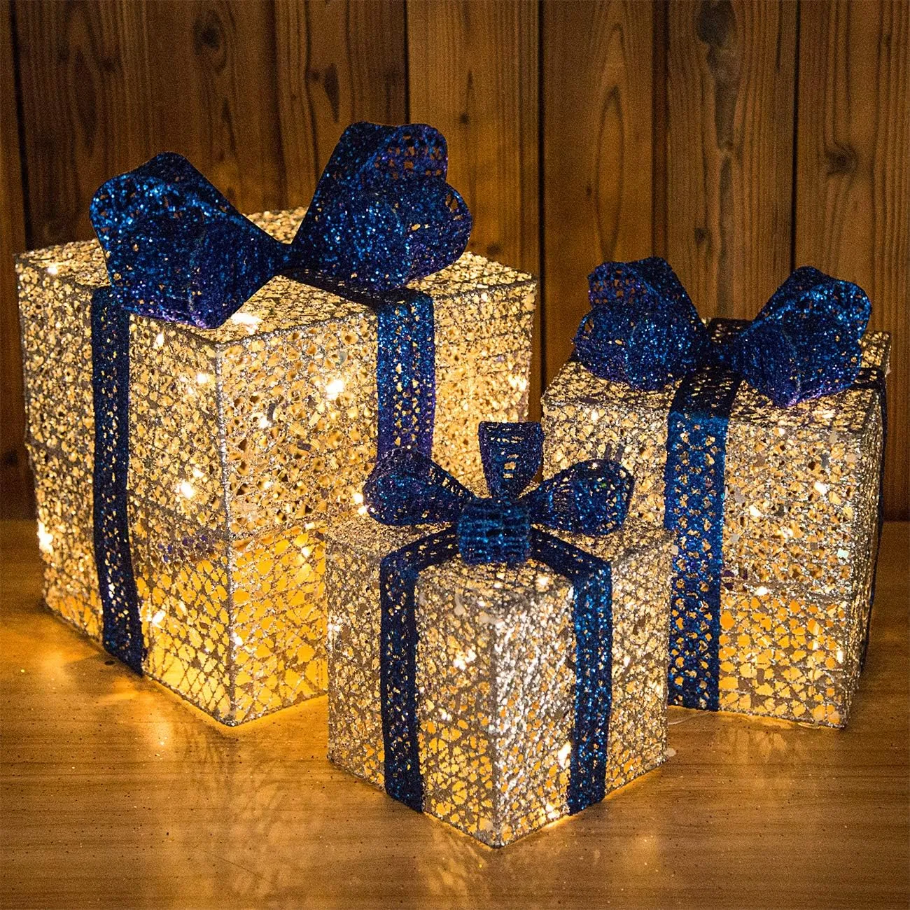 Sunnyglade 10”-8”-6” Set of 3 Christmas Lighted Gift Boxes with Plug for Christmas Decor, Weddings Yard Home Holiday Art Decorations (Silver)