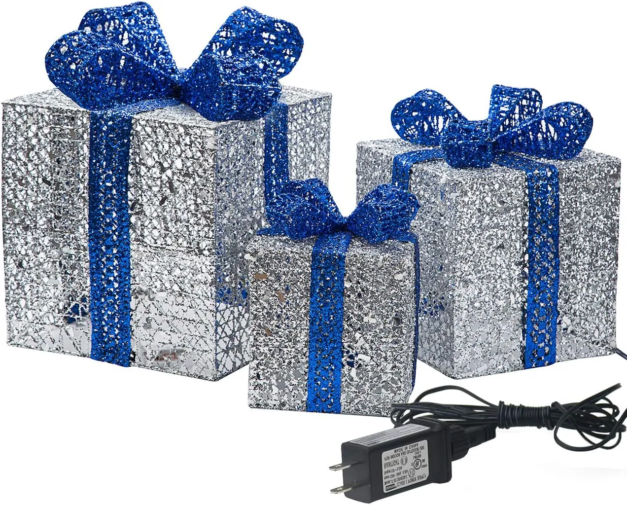 Sunnyglade 10”-8”-6” Set of 3 Christmas Lighted Gift Boxes with Plug for Christmas Decor, Weddings Yard Home Holiday Art Decorations (Silver)
