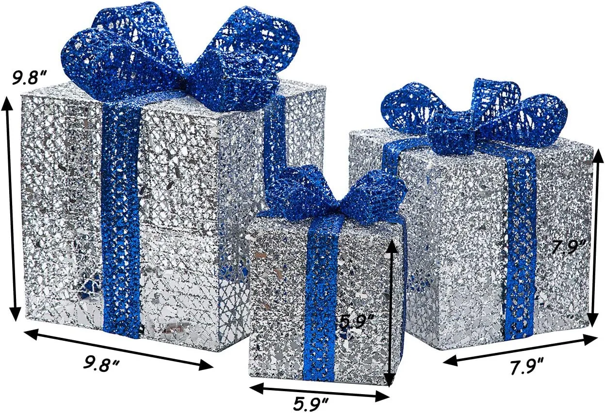 Sunnyglade 10”-8”-6” Set of 3 Christmas Lighted Gift Boxes with Plug for Christmas Decor, Weddings Yard Home Holiday Art Decorations (Silver)