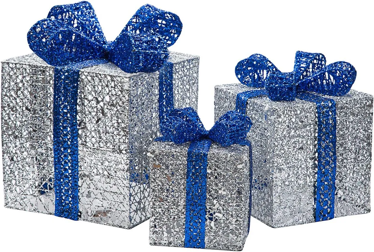 Sunnyglade 10”-8”-6” Set of 3 Christmas Lighted Gift Boxes with Plug for Christmas Decor, Weddings Yard Home Holiday Art Decorations (Silver)