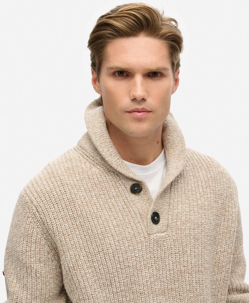 Superdry Men's Shawl Collar Jumper, Desert Taupe Beige Marl
