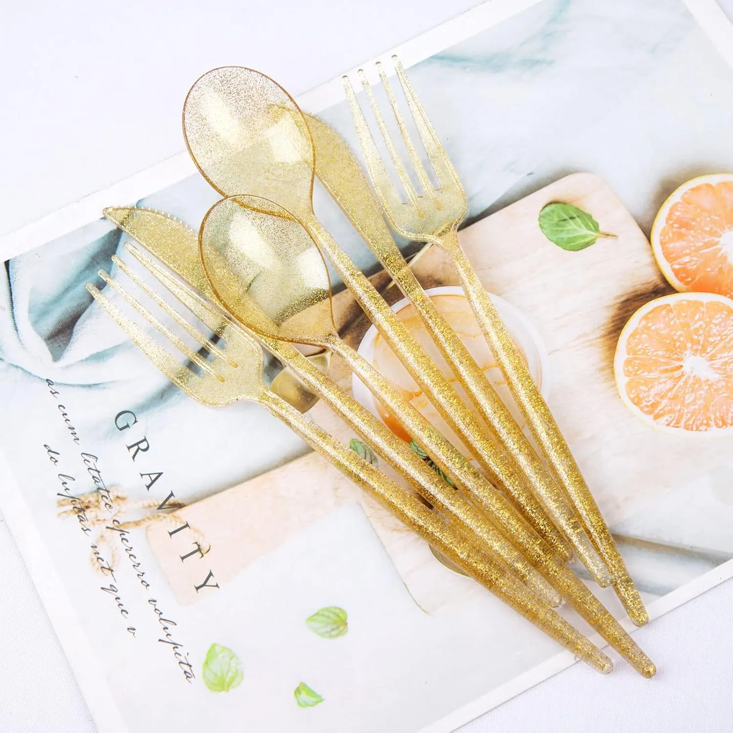 Supernal 180pcs Gold Plastic Silverware Durable Plastic Silverware Gold Glitter Color Party Plastic Cutlery Gold Plastic Flatware Include 60 Forks,60 Knvies,60 Spoons for Wedding,Birthday Monther's