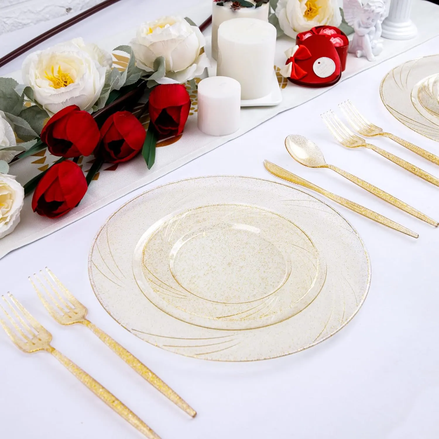 Supernal 180pcs Gold Plastic Silverware Durable Plastic Silverware Gold Glitter Color Party Plastic Cutlery Gold Plastic Flatware Include 60 Forks,60 Knvies,60 Spoons for Wedding,Birthday Monther's