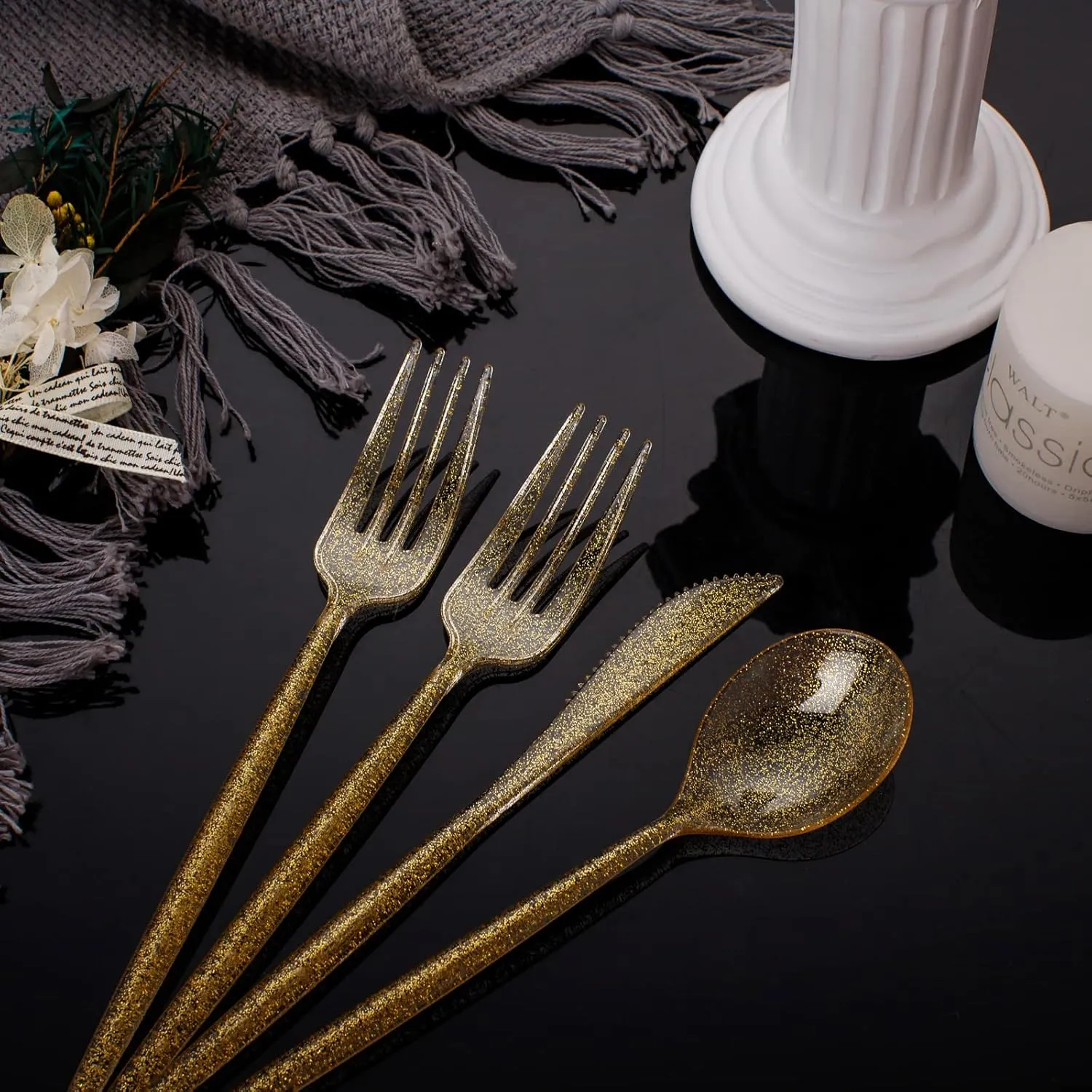 Supernal 180pcs Gold Plastic Silverware Durable Plastic Silverware Gold Glitter Color Party Plastic Cutlery Gold Plastic Flatware Include 60 Forks,60 Knvies,60 Spoons for Wedding,Birthday Monther's