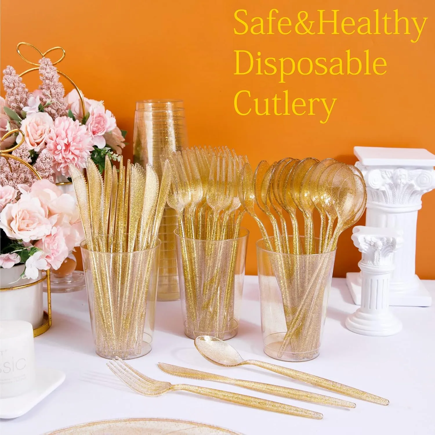 Supernal 180pcs Gold Plastic Silverware Durable Plastic Silverware Gold Glitter Color Party Plastic Cutlery Gold Plastic Flatware Include 60 Forks,60 Knvies,60 Spoons for Wedding,Birthday Monther's