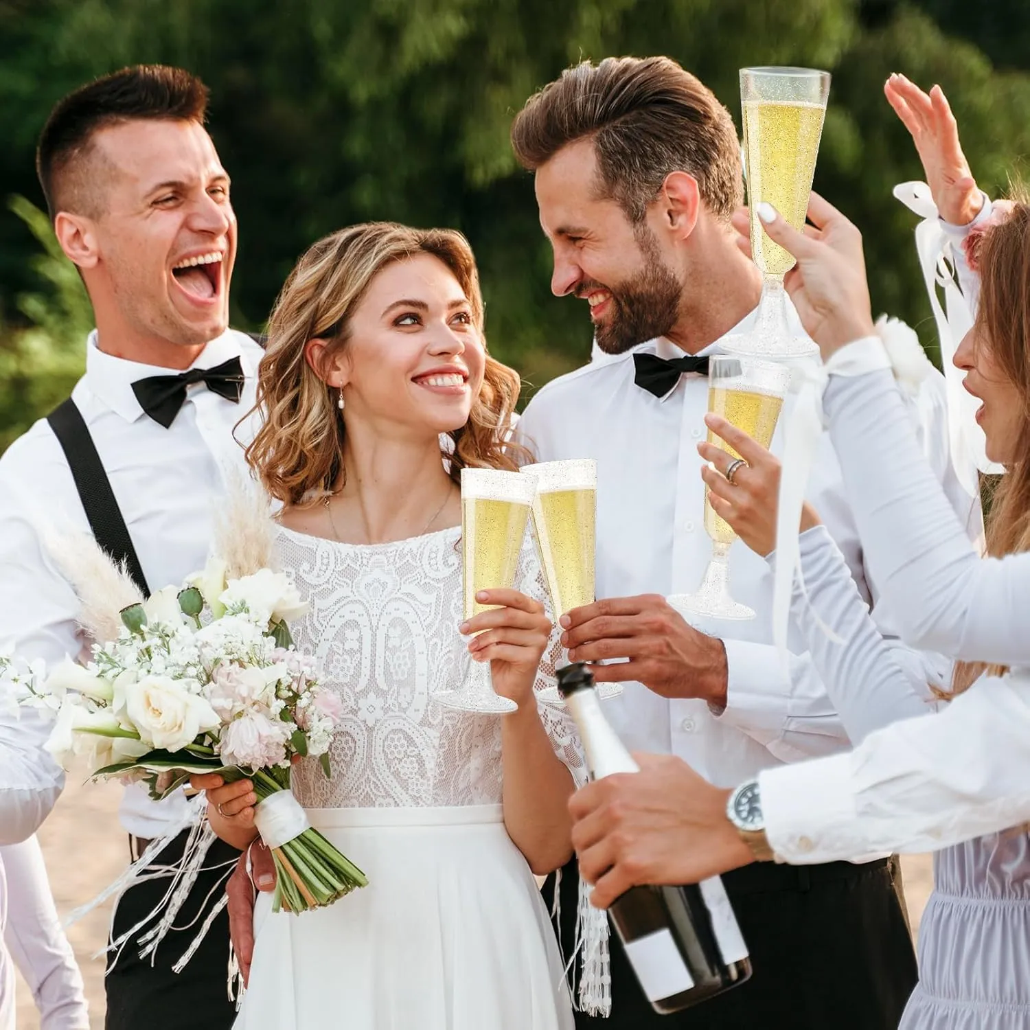 SUREHOME Champagne Flutes Plastic Champagne Glasses Disposable Mimosa Glasses 100 Pack 5.5 Oz Silver Glitter Acrylic Cocktail Cups Bulk Wedding Toasting Glasses for Engagements New Year’s Eve Party