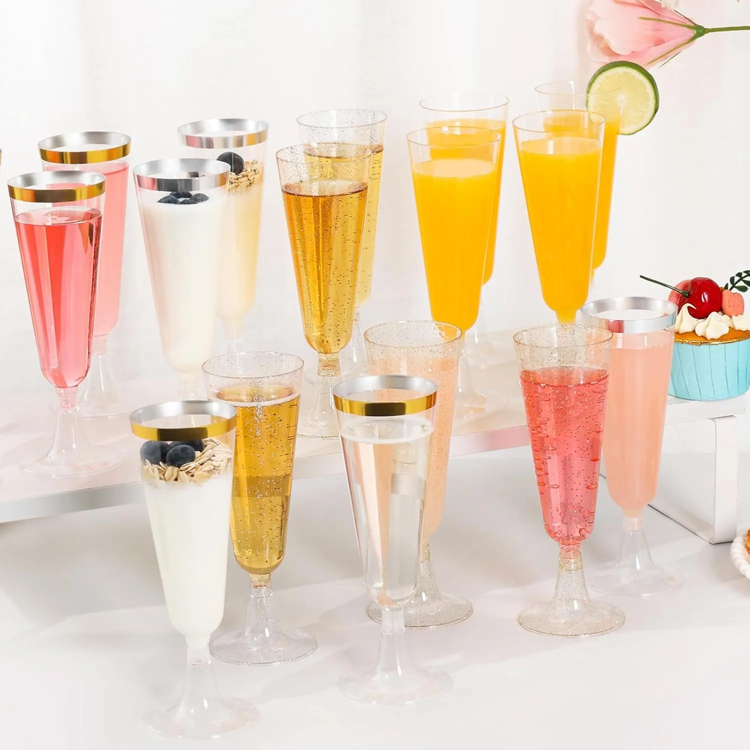 SUREHOME Champagne Flutes Plastic Champagne Glasses Disposable Mimosa Glasses 100 Pack 5.5 Oz Silver Glitter Acrylic Cocktail Cups Bulk Wedding Toasting Glasses for Engagements New Year’s Eve Party