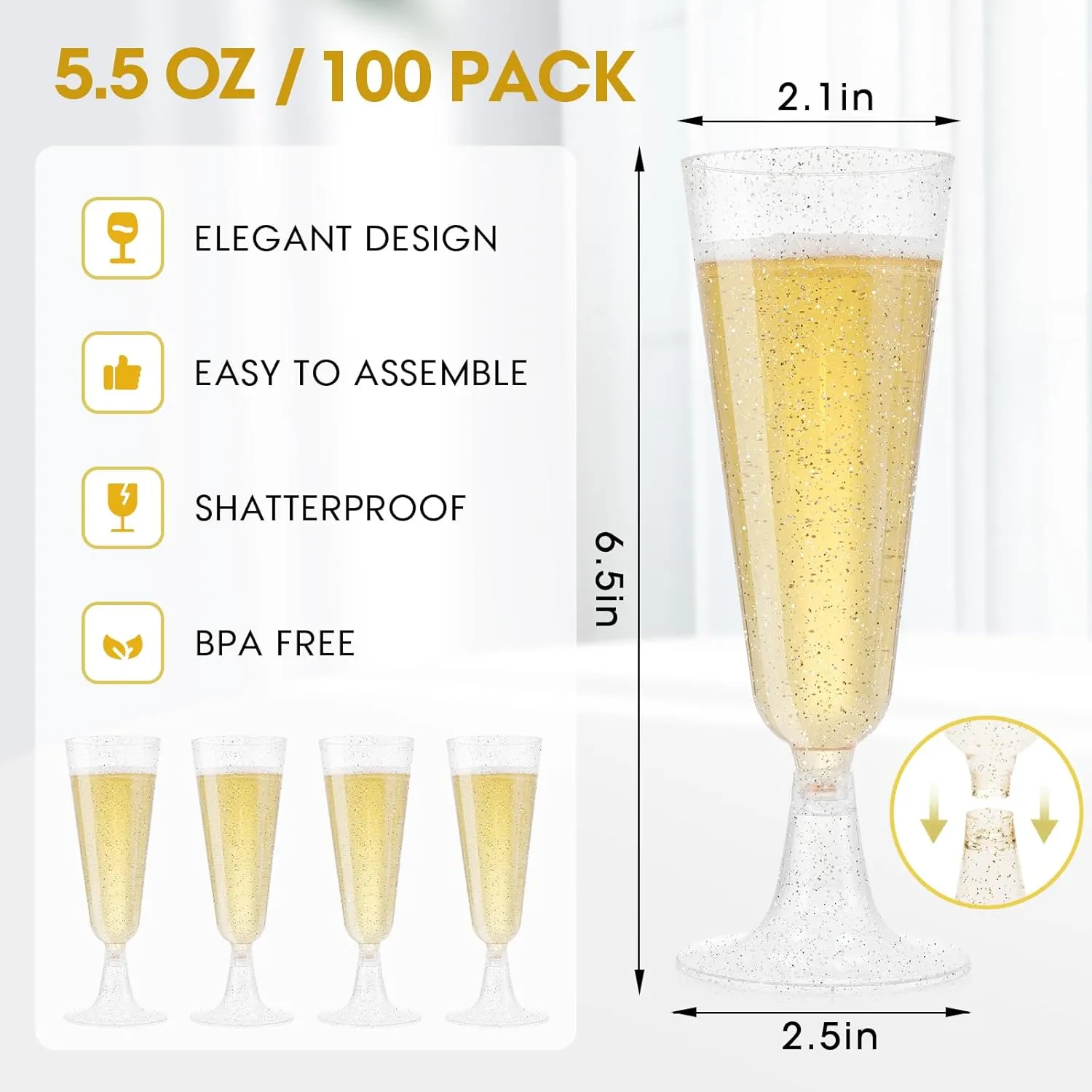 SUREHOME Champagne Flutes Plastic Champagne Glasses Disposable Mimosa Glasses 100 Pack 5.5 Oz Silver Glitter Acrylic Cocktail Cups Bulk Wedding Toasting Glasses for Engagements New Year’s Eve Party