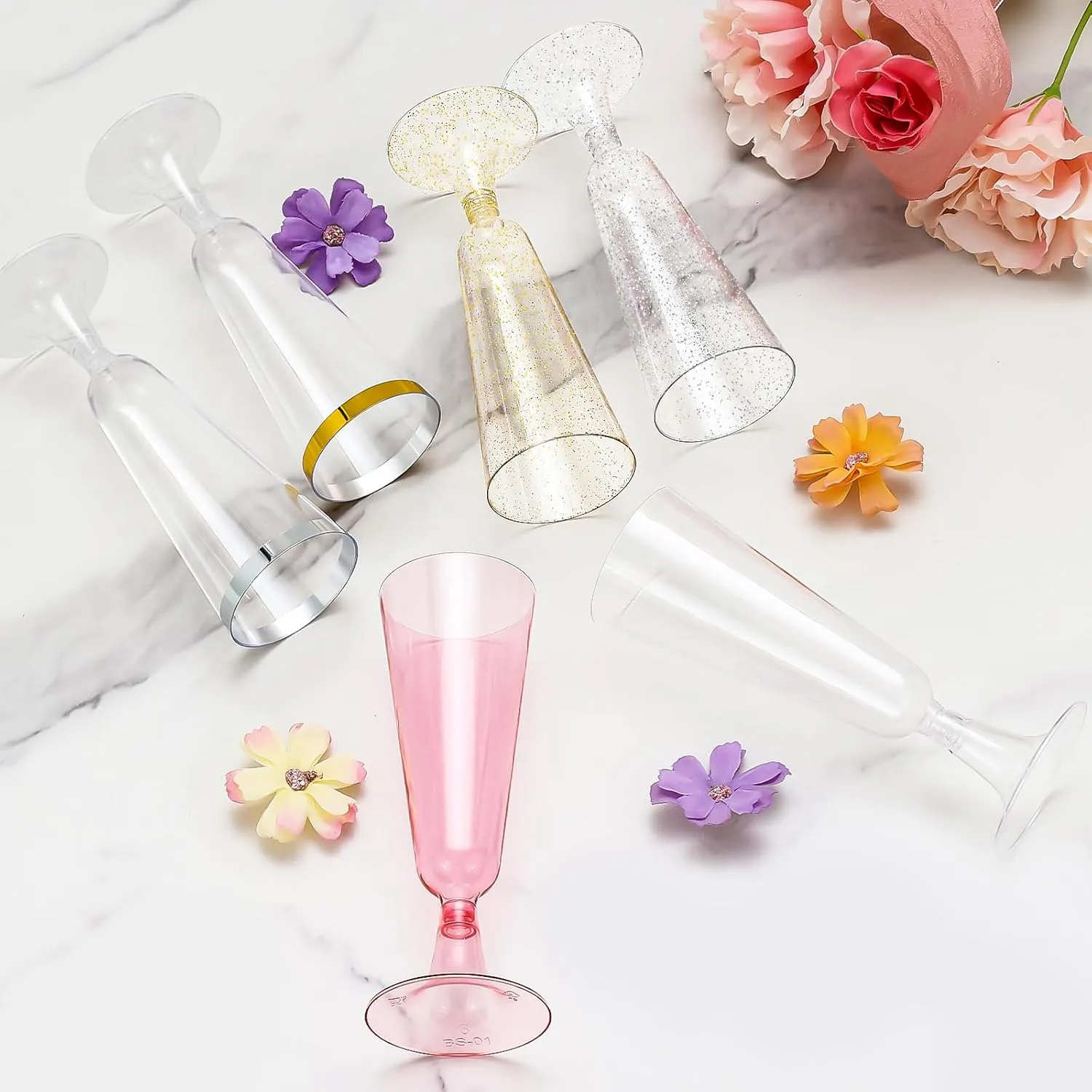 SUREHOME Gold Glitter Plastic Champagne Flutes Disposable Champagne Glasses 100 Pack Clear Acrylic Mimosa Glasses Sparkle Wedding Toasting Bulk for Party Supplies Birthday Decorations Cocktail Cups