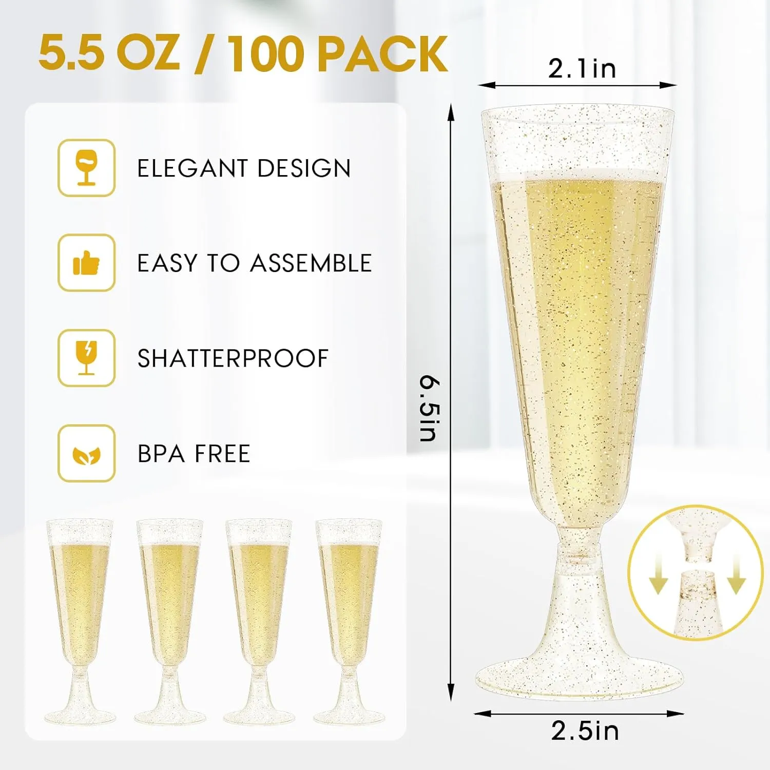 SUREHOME Gold Glitter Plastic Champagne Flutes Disposable Champagne Glasses 100 Pack Clear Acrylic Mimosa Glasses Sparkle Wedding Toasting Bulk for Party Supplies Birthday Decorations Cocktail Cups