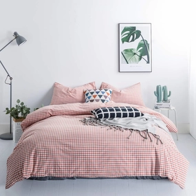 SUSYBAO Coral Gingham Duvet Cover King 100% Washed Cotton Soft Plaid Duvet Cover 3 Pieces Set 1 Orange Grid Duvet Cover with Zipper Ties 2 Pillowcases Farmhouse Gingham Bedding Set Breathable