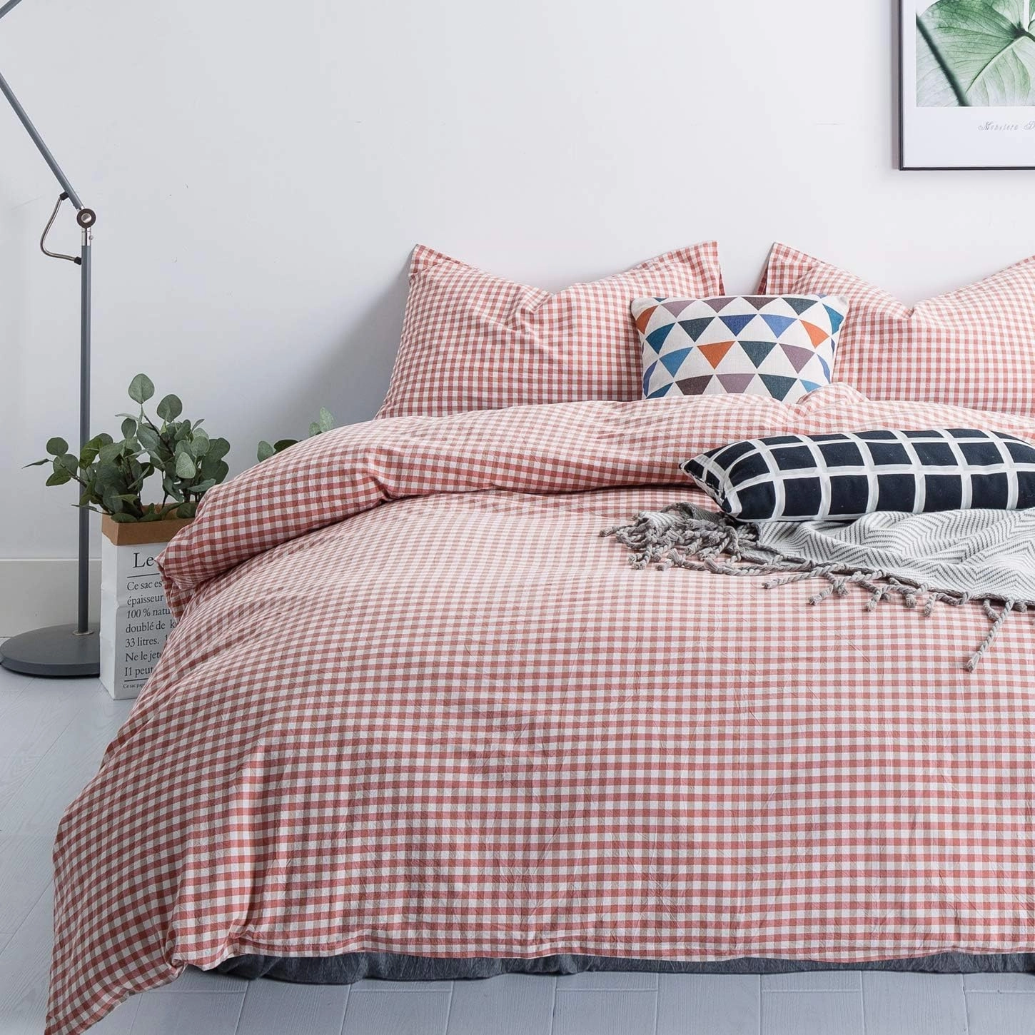 SUSYBAO Coral Gingham Duvet Cover King 100% Washed Cotton Soft Plaid Duvet Cover 3 Pieces Set 1 Orange Grid Duvet Cover with Zipper Ties 2 Pillowcases Farmhouse Gingham Bedding Set Breathable
