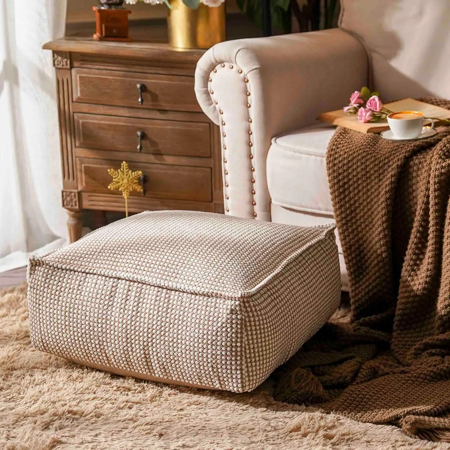 SUTAVIA Pouf Ottoman Cover Unstuffed Pouf Seat Decorative Soft Storage Bean Bag 20x20x8 Inches Square Floor Footrest for Living Room Bedroom (Beige, Square)