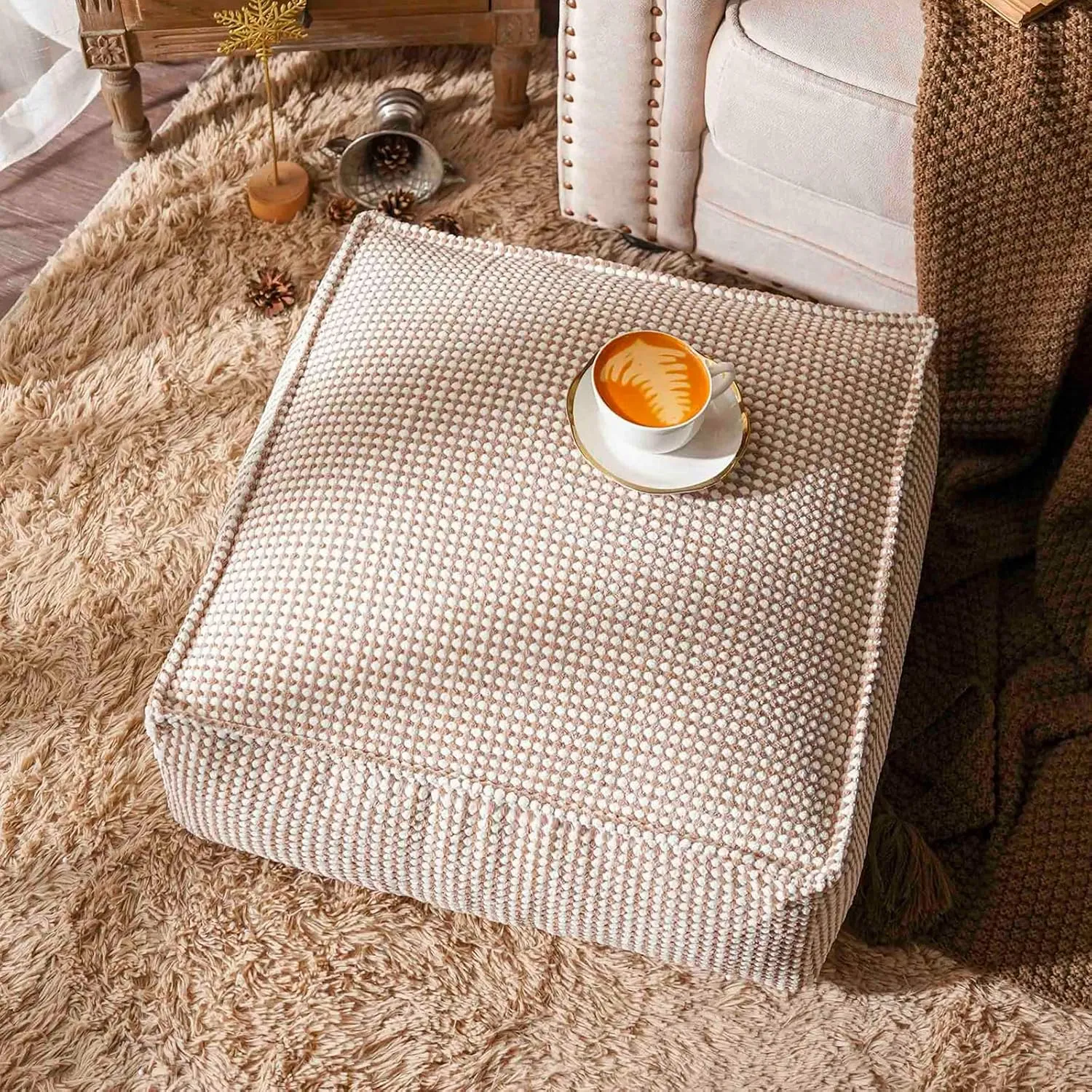 SUTAVIA Pouf Ottoman Cover Unstuffed Pouf Seat Decorative Soft Storage Bean Bag 20x20x8 Inches Square Floor Footrest for Living Room Bedroom (Beige, Square)