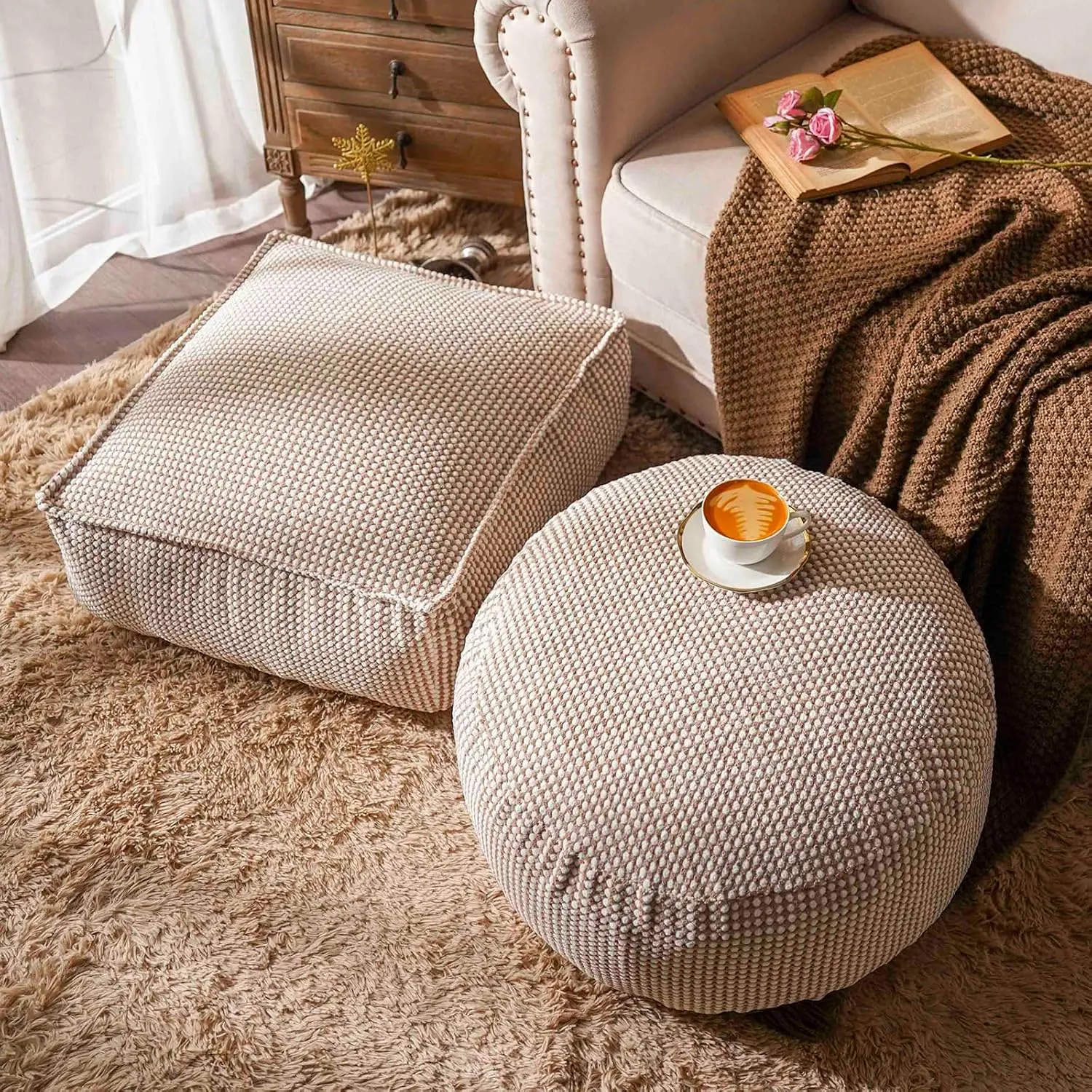 SUTAVIA Pouf Ottoman Cover Unstuffed Pouf Seat Decorative Soft Storage Bean Bag 20x20x8 Inches Square Floor Footrest for Living Room Bedroom (Beige, Square)