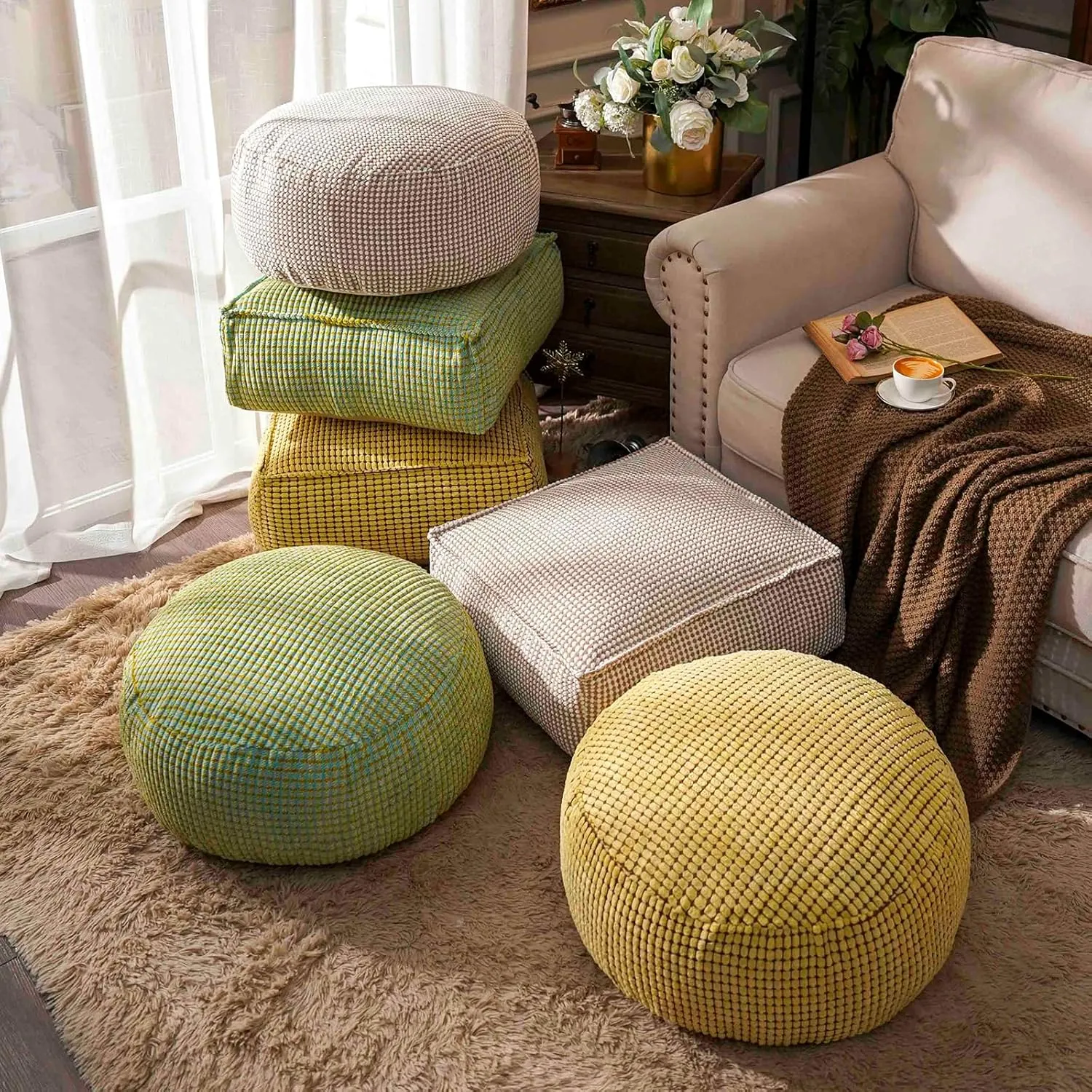 SUTAVIA Pouf Ottoman Cover Unstuffed Pouf Seat Decorative Soft Storage Bean Bag 20x20x8 Inches Square Floor Footrest for Living Room Bedroom (Beige, Square)