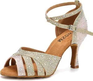 SWDZM Women Rhinestone Ballroom Dance Shoes Latin Salsa Performance Dancing Shoes,Pink Gold,Heel 3 inch,Suede Sole,7.5 US