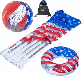 Swimline Americana Inflatable Pool Toys: 22" Glitter Ball 72" Floating Mattress 36" Donut Ring & Bag