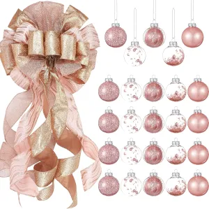 Syhood 25 Pieces Christmas Tree Topper Bow 12 x 34 Large Bow With Color Strips and 2.36 Inch Plastic Ball Ornaments for Tree Home Decoration (Rose Gold)