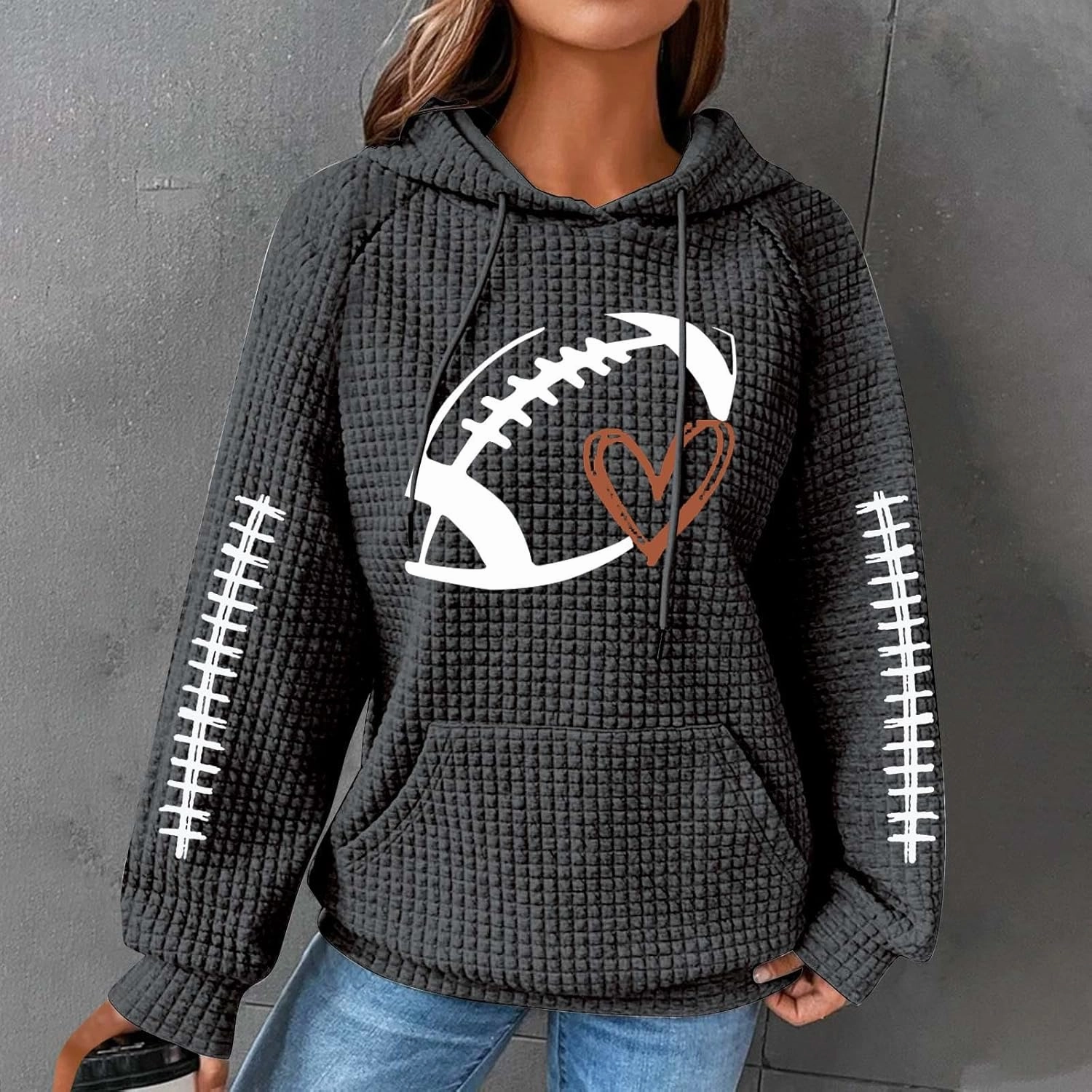 TANGNADE Game Day Sweatshirt Women Hood Plus Size Waffle Knit Pullover with Pocket Fall Ladies Plain Hoodie Sweatshirts