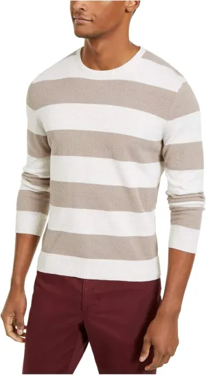 Tasso Elba Men Sweater Cream Crewneck Boucle Rugby Stripe Beige 2XL