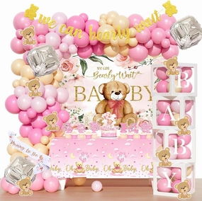 Teddy Bear Baby Shower Decorations for Girl – 124 PCS We Can Bearly Wait Theme, Balloon Garland, Glitter Banner, Tablecloth, Cake Topper, Sash for Girl Baby Shower Supplies