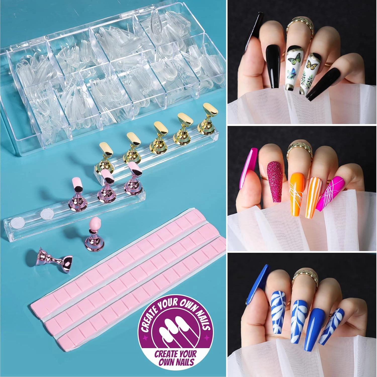 Teenitor Acrylic Fake Nails Kit, Press On Nail Supplies with Clear Coffin Nail Tips Nail Stand Nail Art Brushes Dotting Pen Glitter Sequins Sticker Rhinestones Nail Decorations Press On Nails Kit