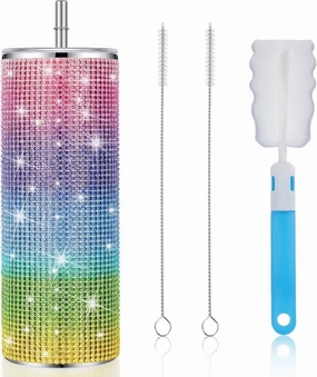 Tessco Bling Cups Rhinestones Tumbler with Straw Glitter Water Bottle Stainless Steel Straw Tumbler Insulated Bling Cup with Lid Brush for Teacher Graduation Season Gifts(20 oz,Assorted Color)