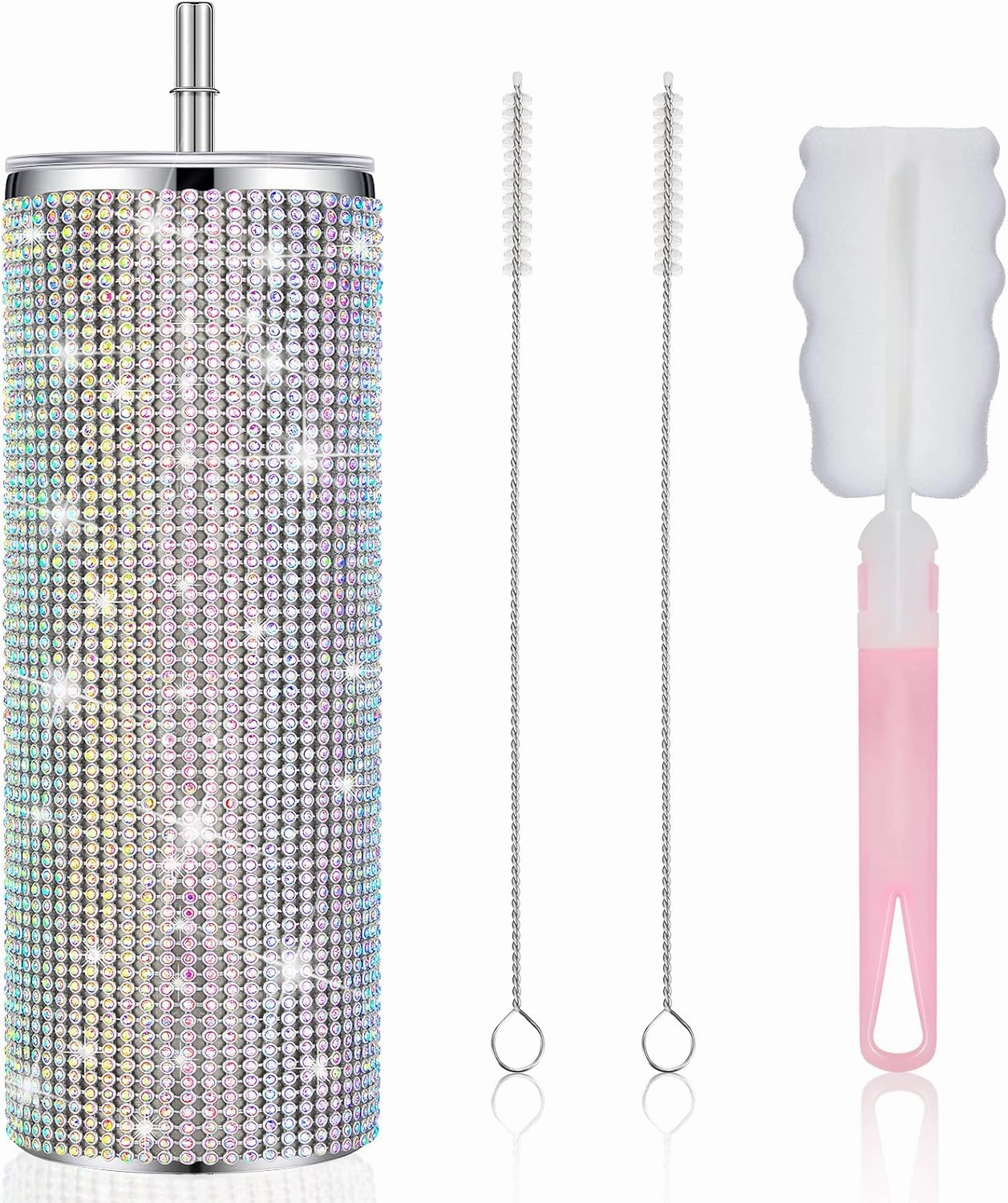 Tessco Bling Cups Rhinestones Tumbler with Straw Glitter Water Bottle Stainless Steel Straw Tumbler Insulated Bling Cup with Lid Brush for Teacher Graduation Season Gifts(20 oz,Colorful)
