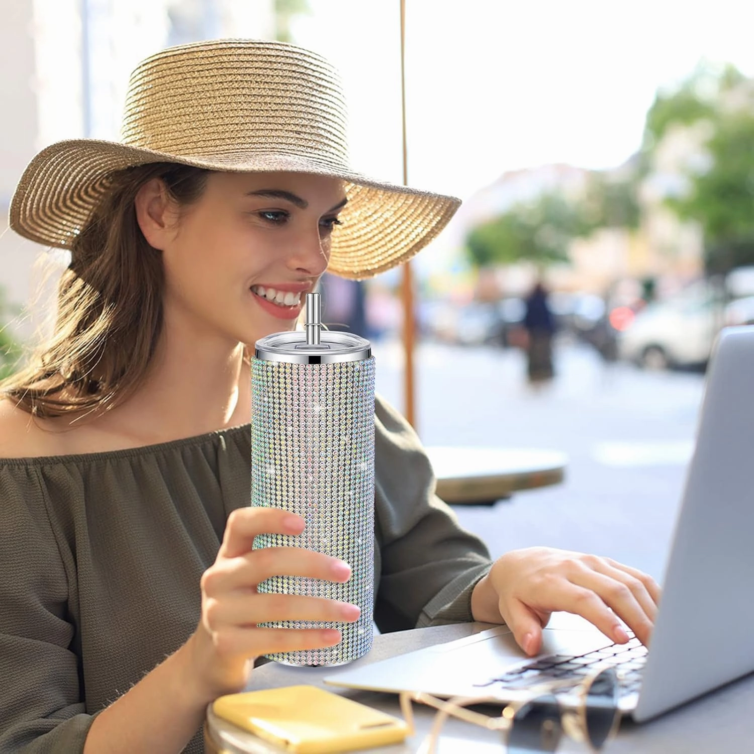 Tessco Bling Cups Rhinestones Tumbler with Straw Glitter Water Bottle Stainless Steel Straw Tumbler Insulated Bling Cup with Lid Brush for Teacher Graduation Season Gifts(20 oz,Colorful)
