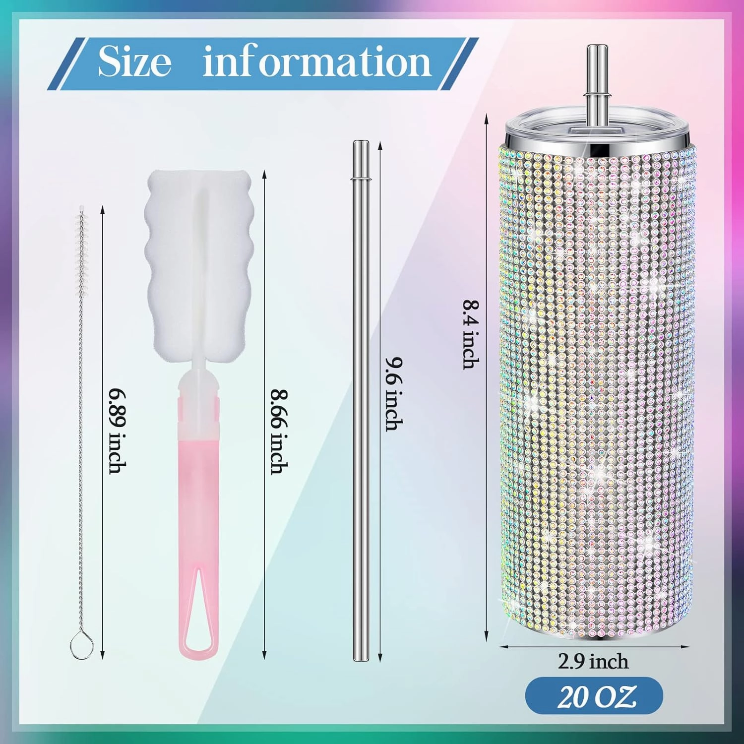 Tessco Bling Cups Rhinestones Tumbler with Straw Glitter Water Bottle Stainless Steel Straw Tumbler Insulated Bling Cup with Lid Brush for Teacher Graduation Season Gifts(20 oz,Colorful)