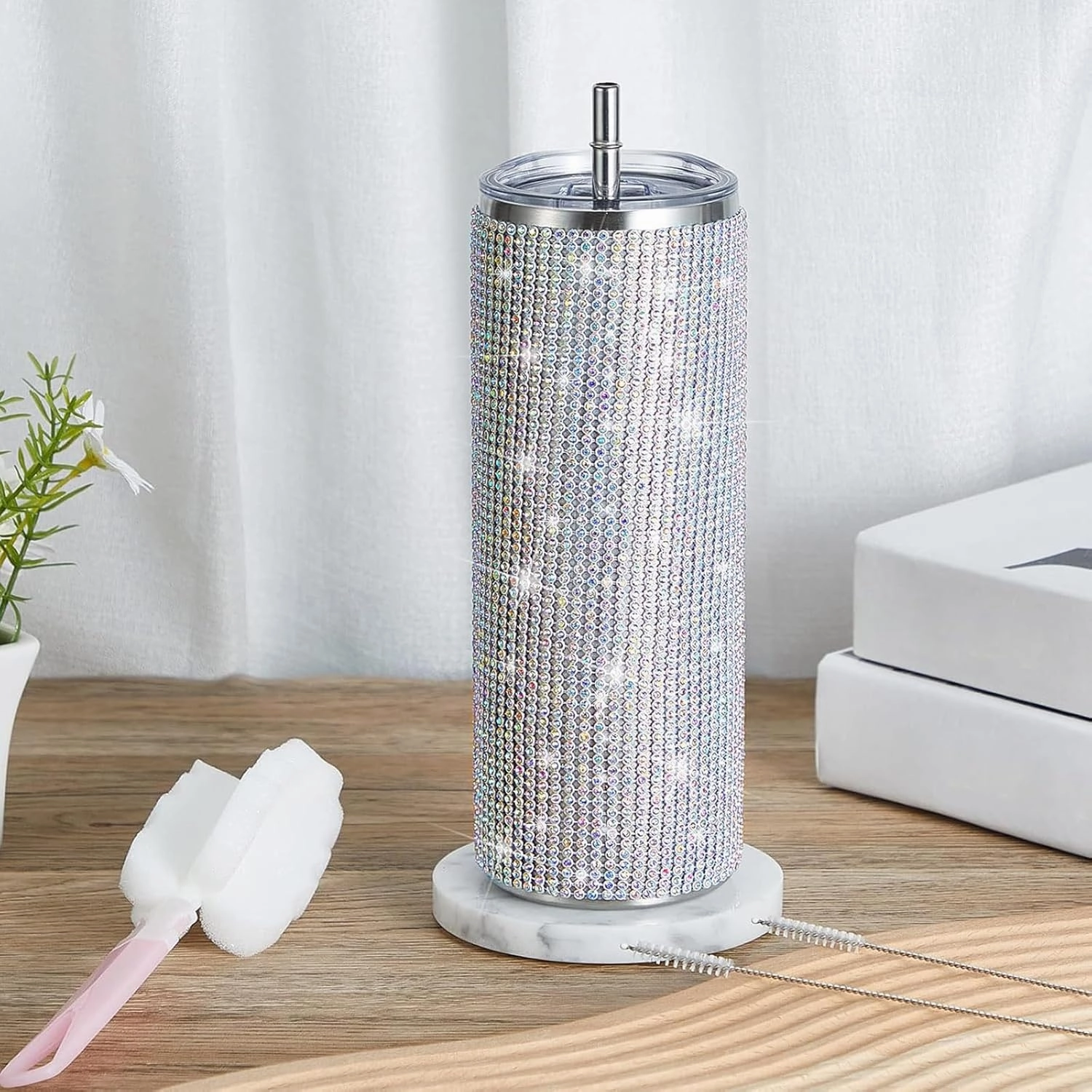 Tessco Bling Cups Rhinestones Tumbler with Straw Glitter Water Bottle Stainless Steel Straw Tumbler Insulated Bling Cup with Lid Brush for Teacher Graduation Season Gifts(20 oz,Colorful)