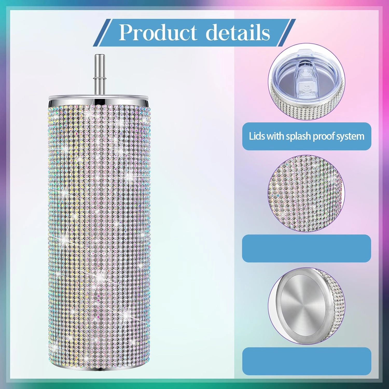 Tessco Bling Cups Rhinestones Tumbler with Straw Glitter Water Bottle Stainless Steel Straw Tumbler Insulated Bling Cup with Lid Brush for Teacher Graduation Season Gifts(20 oz,Colorful)