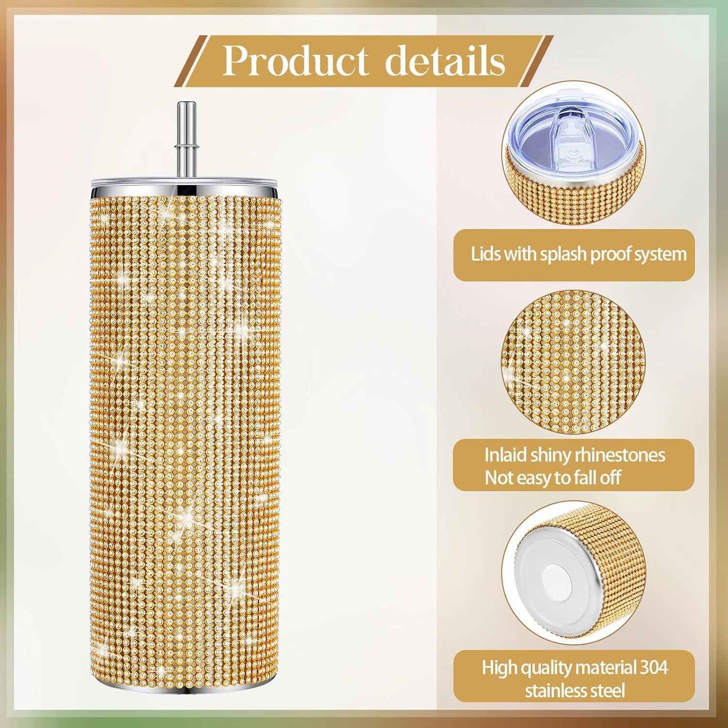 Tessco Bling Cups Rhinestones Tumbler with Straw Glitter Water Bottle Stainless Steel Straw Tumbler Insulated Bling Cup with Lid Brush for Teacher Graduation Season Gifts(20 oz,Gold)