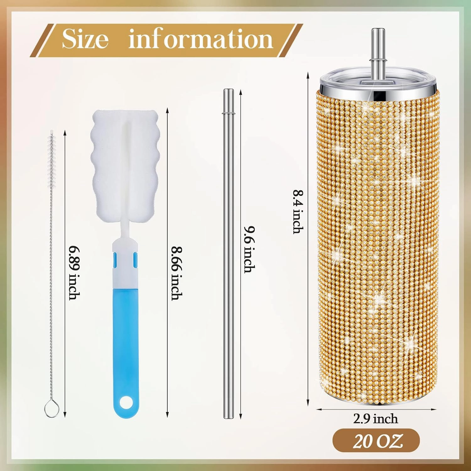 Tessco Bling Cups Rhinestones Tumbler with Straw Glitter Water Bottle Stainless Steel Straw Tumbler Insulated Bling Cup with Lid Brush for Teacher Graduation Season Gifts(20 oz,Gold)