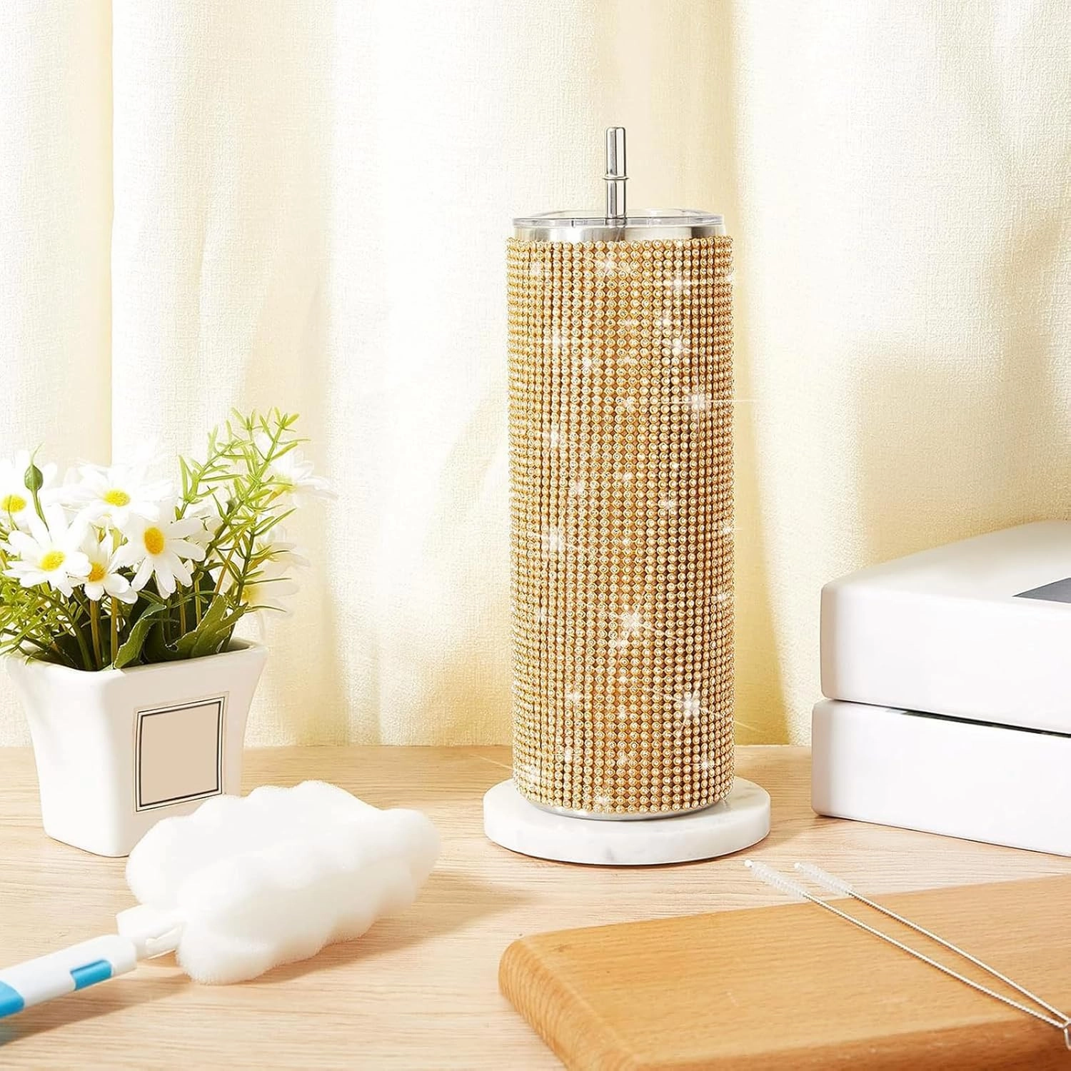 Tessco Bling Cups Rhinestones Tumbler with Straw Glitter Water Bottle Stainless Steel Straw Tumbler Insulated Bling Cup with Lid Brush for Teacher Graduation Season Gifts(20 oz,Gold)