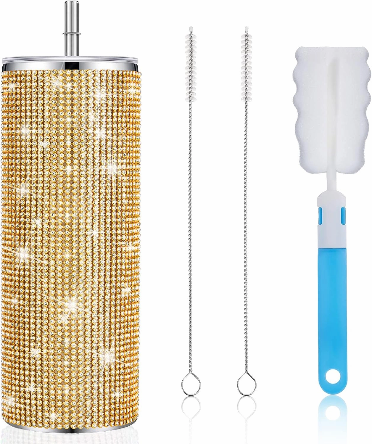 Tessco Bling Cups Rhinestones Tumbler with Straw Glitter Water Bottle Stainless Steel Straw Tumbler Insulated Bling Cup with Lid Brush for Teacher Graduation Season Gifts(20 oz,Gold)