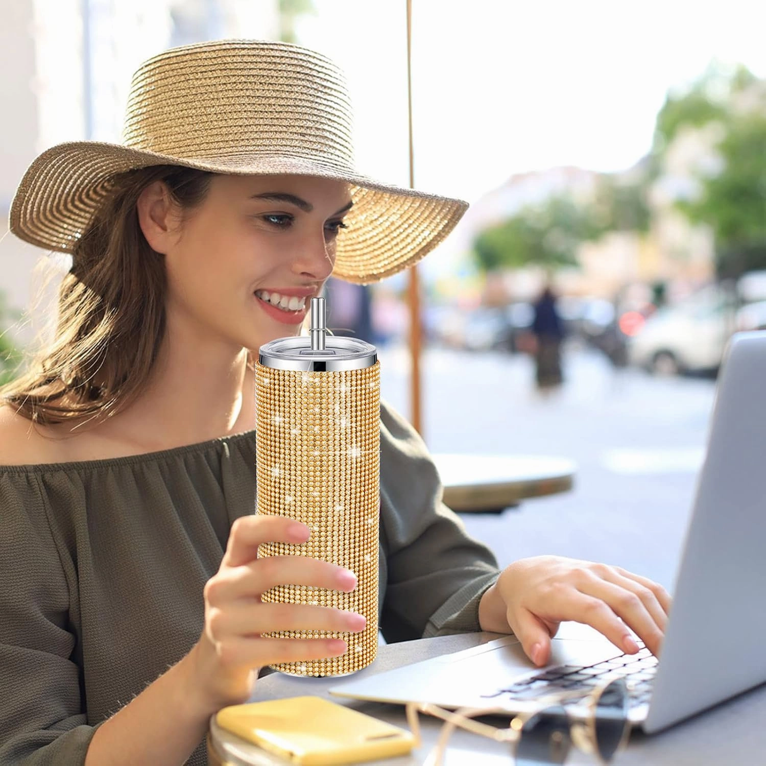 Tessco Bling Cups Rhinestones Tumbler with Straw Glitter Water Bottle Stainless Steel Straw Tumbler Insulated Bling Cup with Lid Brush for Teacher Graduation Season Gifts(20 oz,Gold)